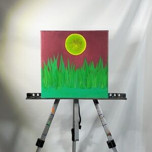 Abstract Sunrise Landscape Painting Green Yellow Red 12”x12” Canvas Artwork